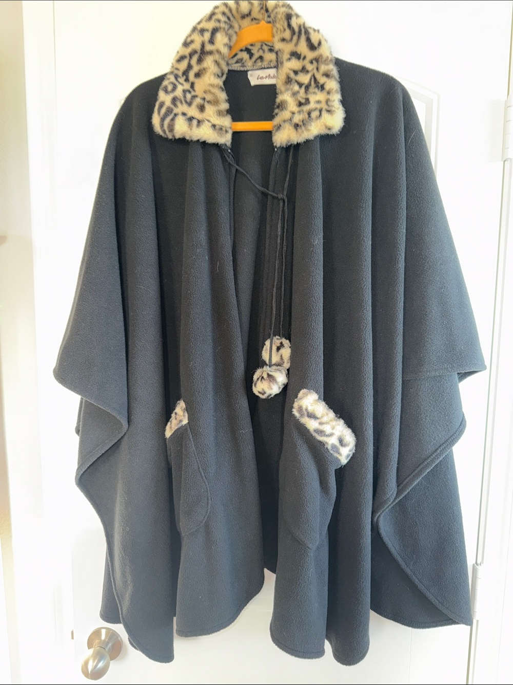 Leopard-Trim Black Poncho Wrap with Faux-Fur Collar